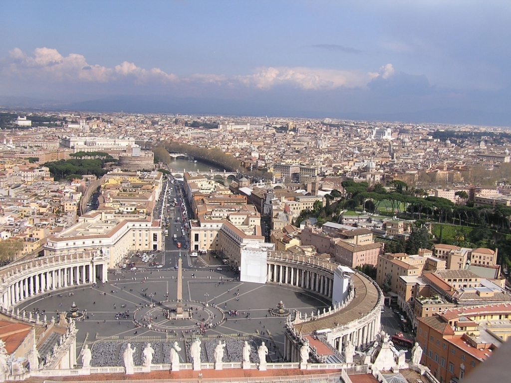 View of the Piazza San Pietro and the city of Rome, as seen from the Dome of St. Peter's Basilica.